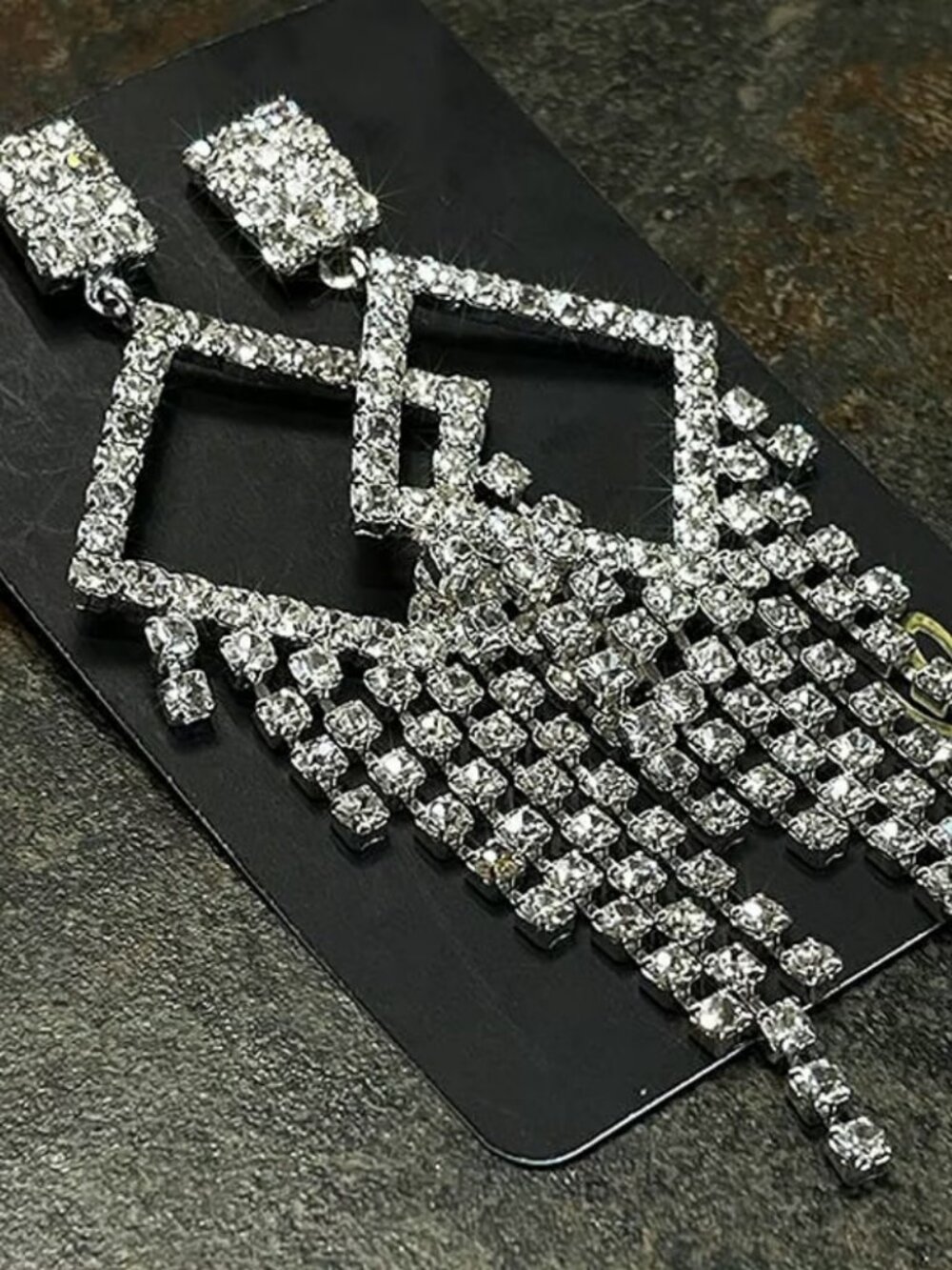 Wedding— 4” Rhinestone Earrings – Dramatic Diamond Top & Rhinestone - Picture 2 of 5